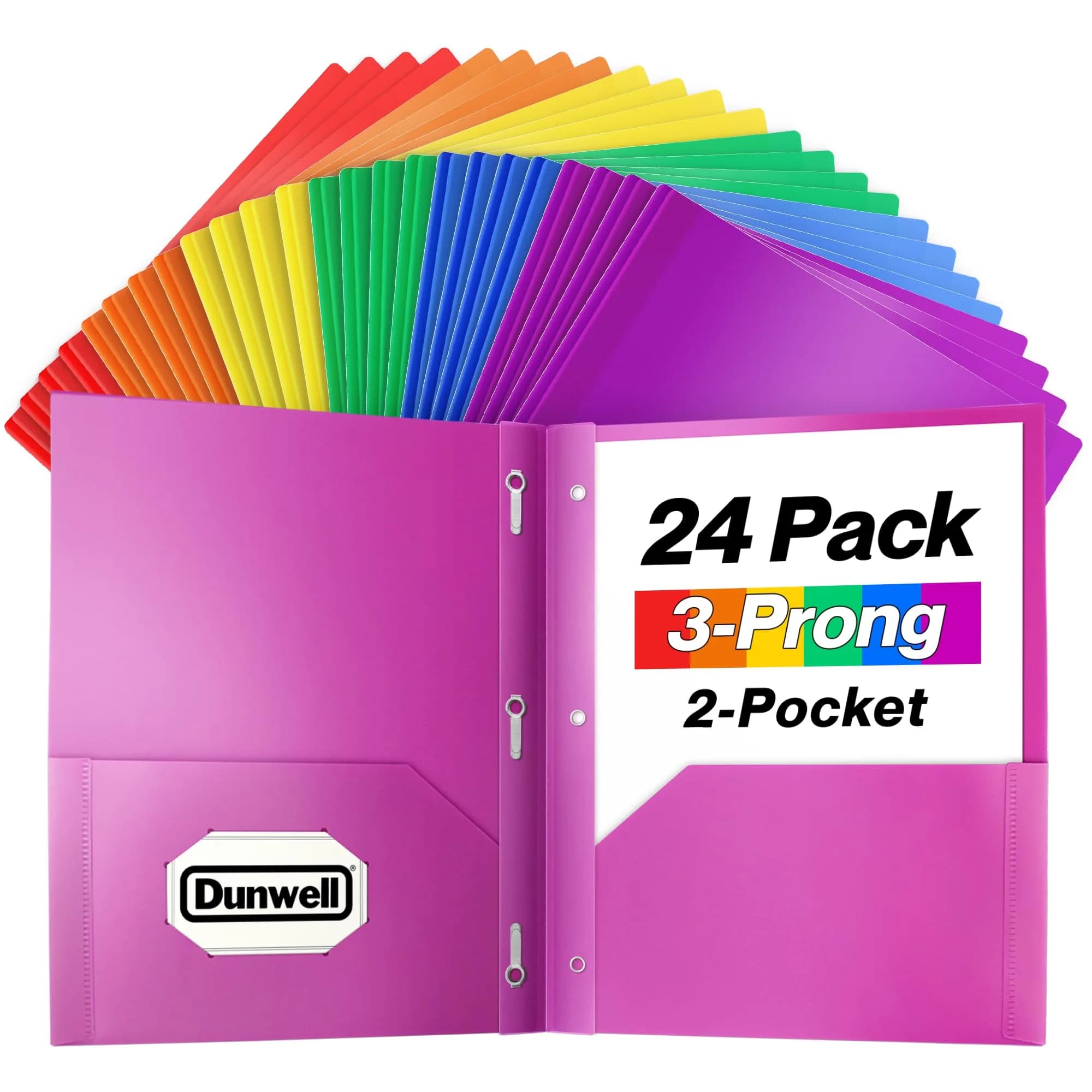 Dunwell Plastic 2-Pocket Folders with 3 Prongs Assorted 24 Pack | Durable, Water-Resistant, School & Office Use