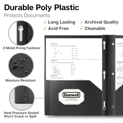 Dunwell Plastic 2-Pocket Folders with 3 Prongs, Black, 12 Pack (24.1 cm x 29.2 cm) | Acid-Free Poly for Long-Term School & Office Use thumbnail 2