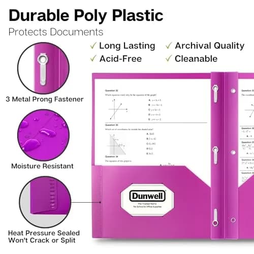 Dunwell Plastic 2-Pocket Folders with 3 Prongs Assorted 6 Pack | Durable, Water-Resistant, Ideal for School & Office thumbnail 2