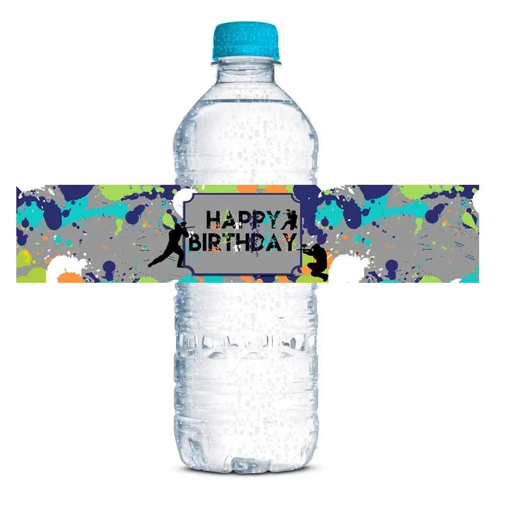 Amanda Creation Splatter Paintball Water Bottle Labels 20-Pack | Waterproof Vinyl Wraps for Parties - main product image