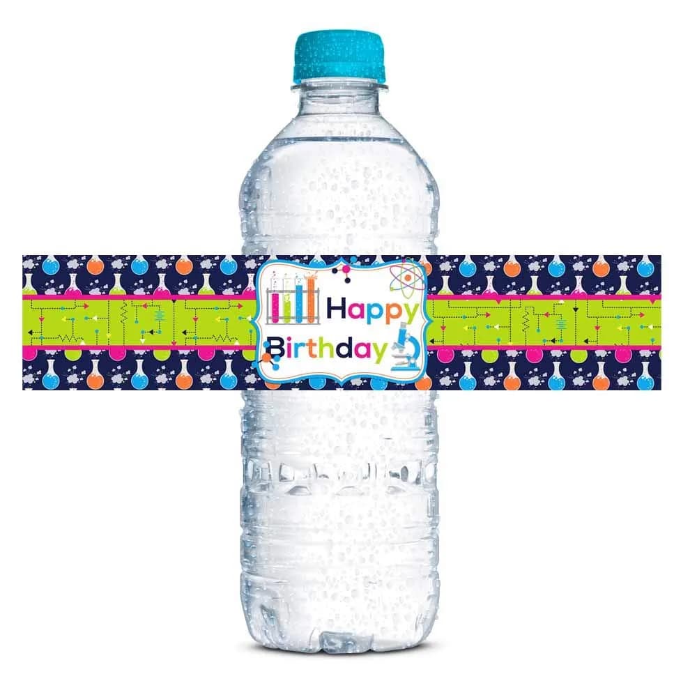 Amanda Creation Science Themed Birthday Party Waterproof Water Bottle Sticker Wrappers 20 Labels (8.5" x 1.75") | Assorted Colors Kitchen — Blue Green Orange White