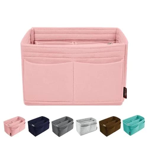 OMYSTYLE Pink Felt Tote Bag Organizer Insert with 13 Pockets | Medium Size 24.4cm x 12.9cm x 15cm - main product image