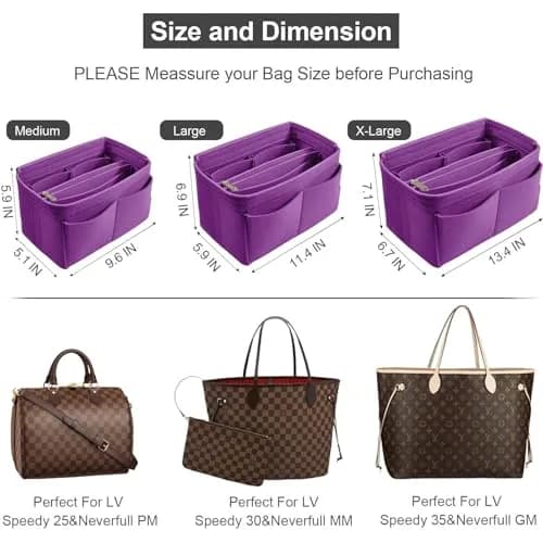 OMYSTYLE Purple X-Large Felt Tote Bag Organizer Insert with 13 Pockets | 24.4cm x 12.9cm x 15cm - view 2