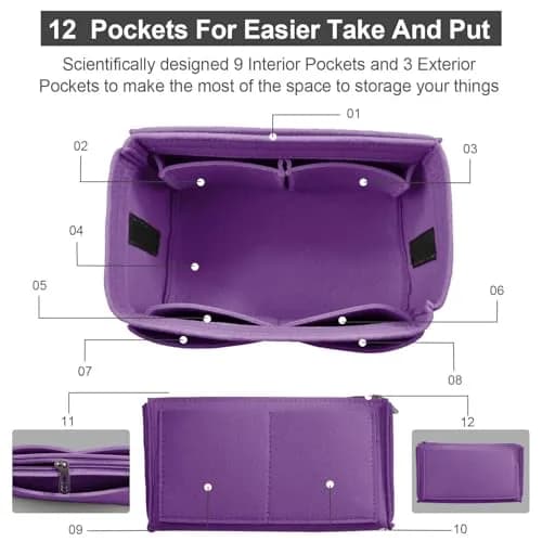 OMYSTYLE Purple X-Large Felt Tote Bag Organizer Insert with 13 Pockets | 24.4cm x 12.9cm x 15cm - view 3