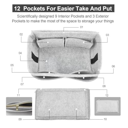 OMYSTYLE Light Grey Large Felt Tote Bag Organizer Insert with 13 Pockets - view 3