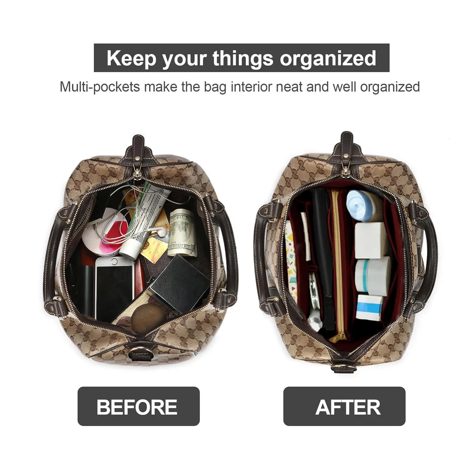 OMYSTYLE Dark Red X-Large Felt Tote Bag Organizer Insert with 13 Pockets | 30cm x 16cm x 16cm thumbnail 4