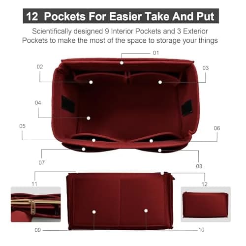 OMYSTYLE Dark Red X-Large Felt Tote Bag Organizer Insert with 13 Pockets | 30cm x 16cm x 16cm - view 3