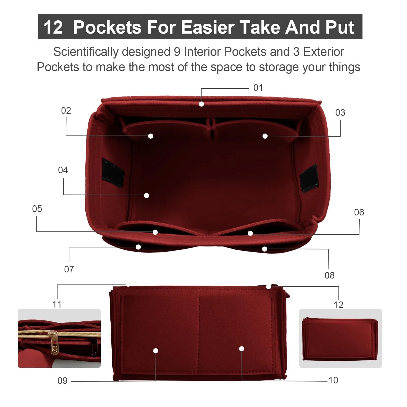OMYSTYLE Dark Red X-Large Felt Tote Bag Organizer Insert with 13 Pockets | 30cm x 16cm x 16cm thumbnail 3