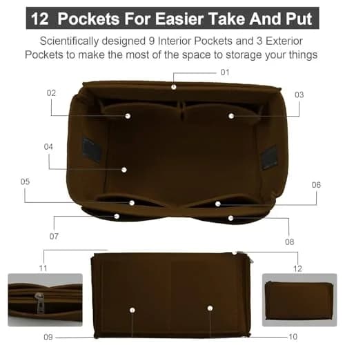 OMYSTYLE Dark Brown Medium Felt Tote Bag Organizer Insert with 13 Pockets - view 3