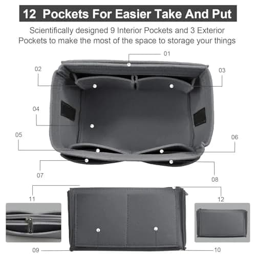 OMYSTYLE Dark Grey Felt Tote Bag Organizer Insert with 13 Pockets, Medium Size | Keeps Handbags Tidy thumbnail 2