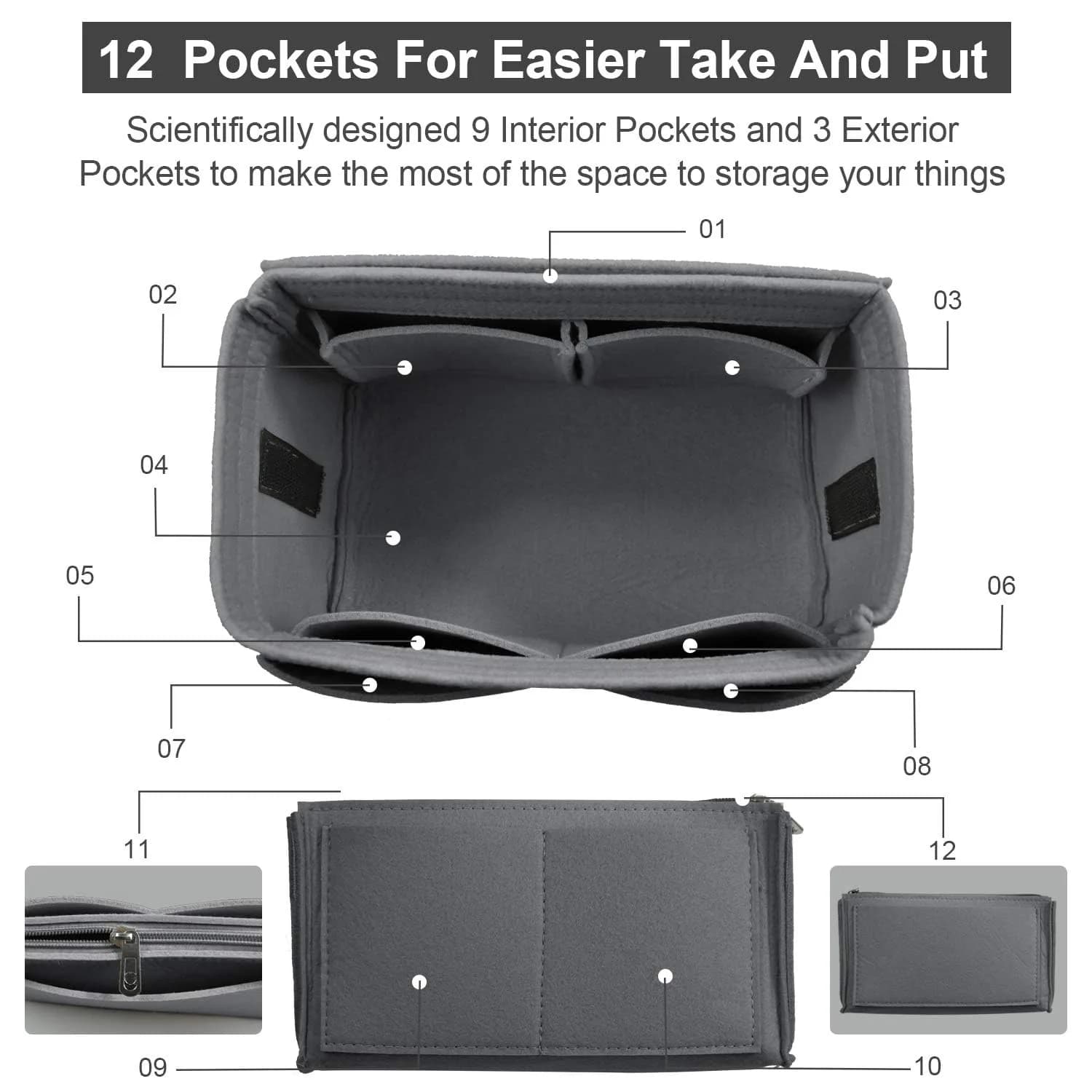 OMYSTYLE Dark Grey Felt Tote Bag Organizer Insert with 13 Pockets, Medium Size | Keeps Handbags Tidy - view 2