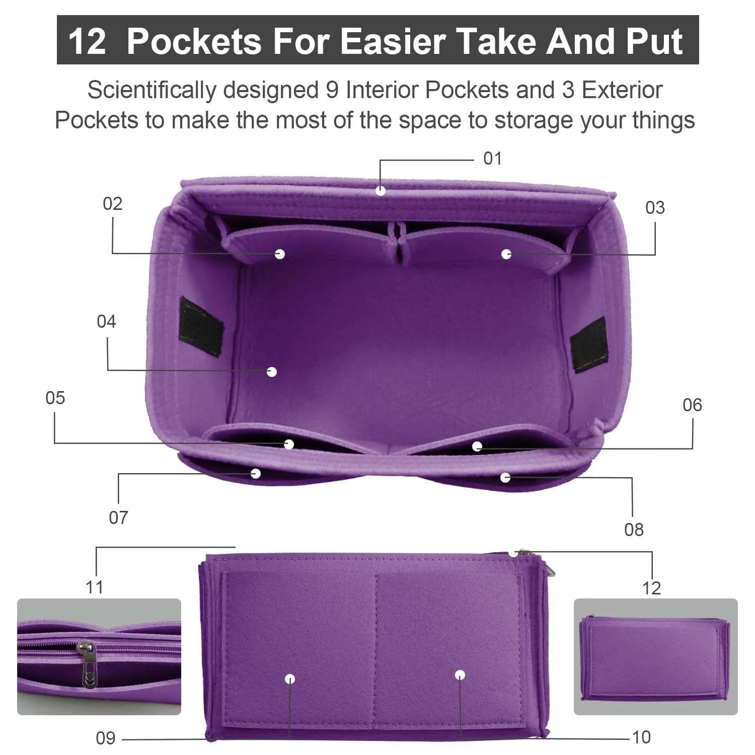 OMYSTYLE Medium Purple Felt Tote Bag Organizer Insert with 13 Pockets | 24.4cm x 12.9cm x 15cm - view 3
