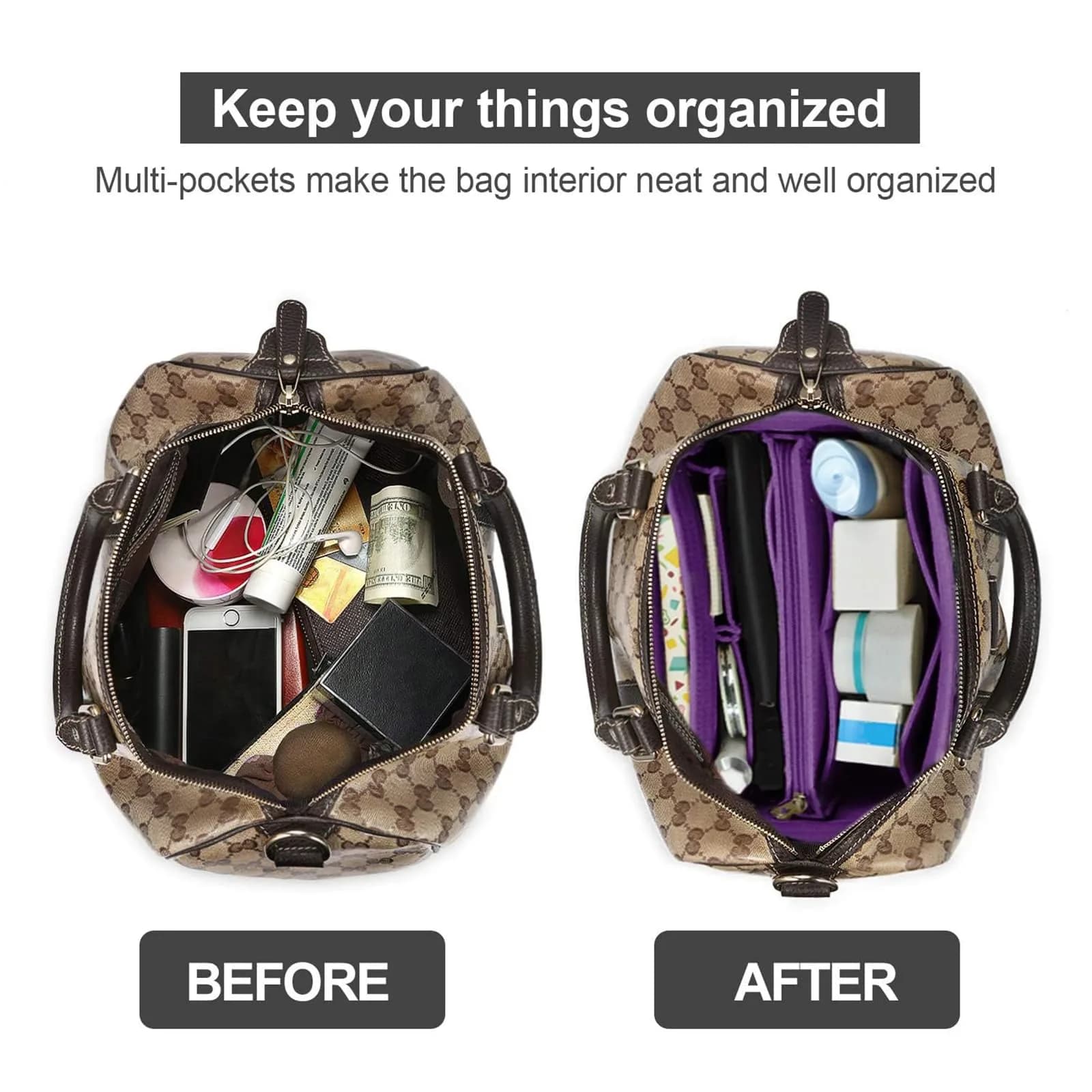 OMYSTYLE Medium Purple Felt Tote Bag Organizer Insert with 13 Pockets | 24.4cm x 12.9cm x 15cm - view 4