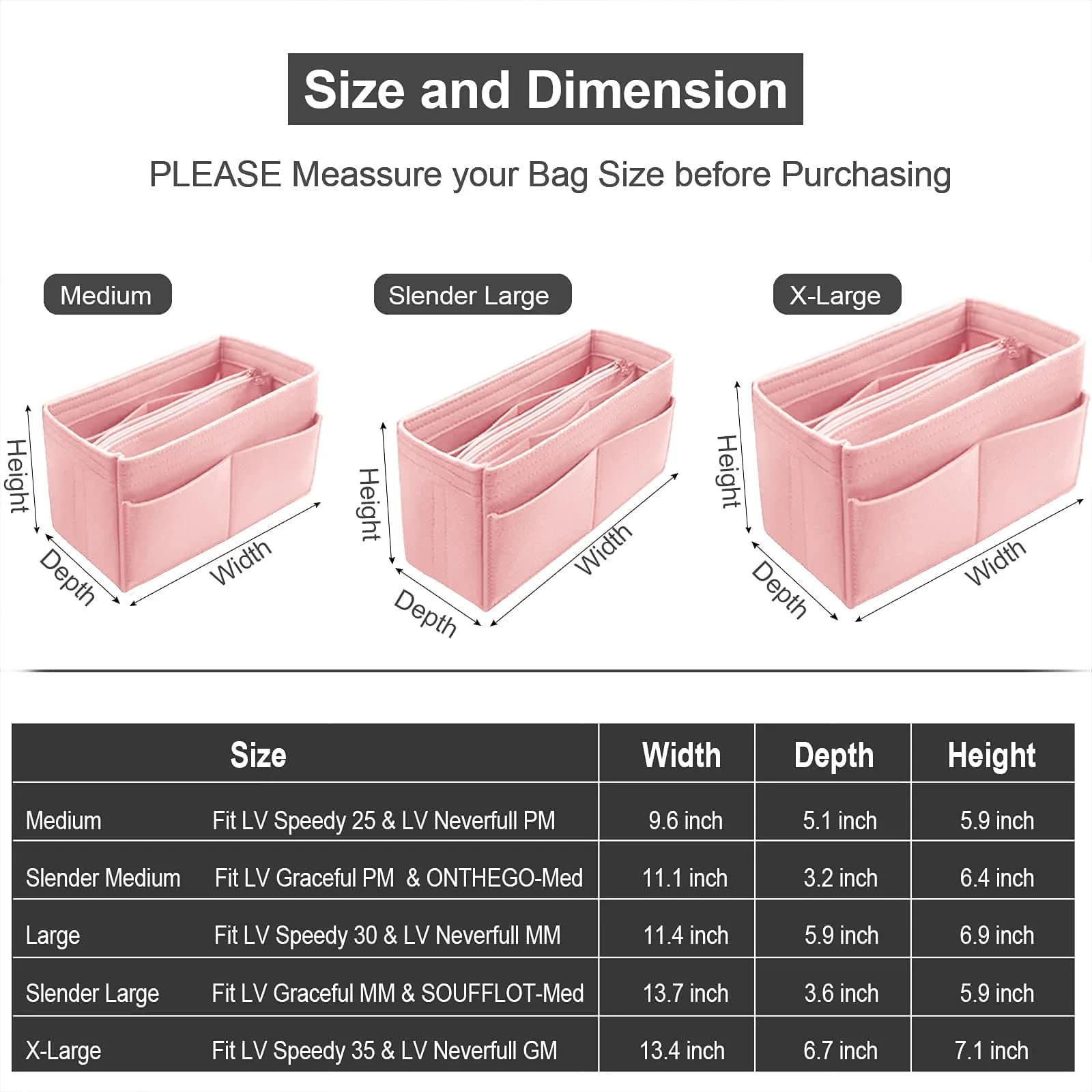 OMYSTYLE Pink X-Large Felt Tote Bag Organizer Insert with 13 Pockets | 24.4cm x 12.9cm x 15cm - view 2