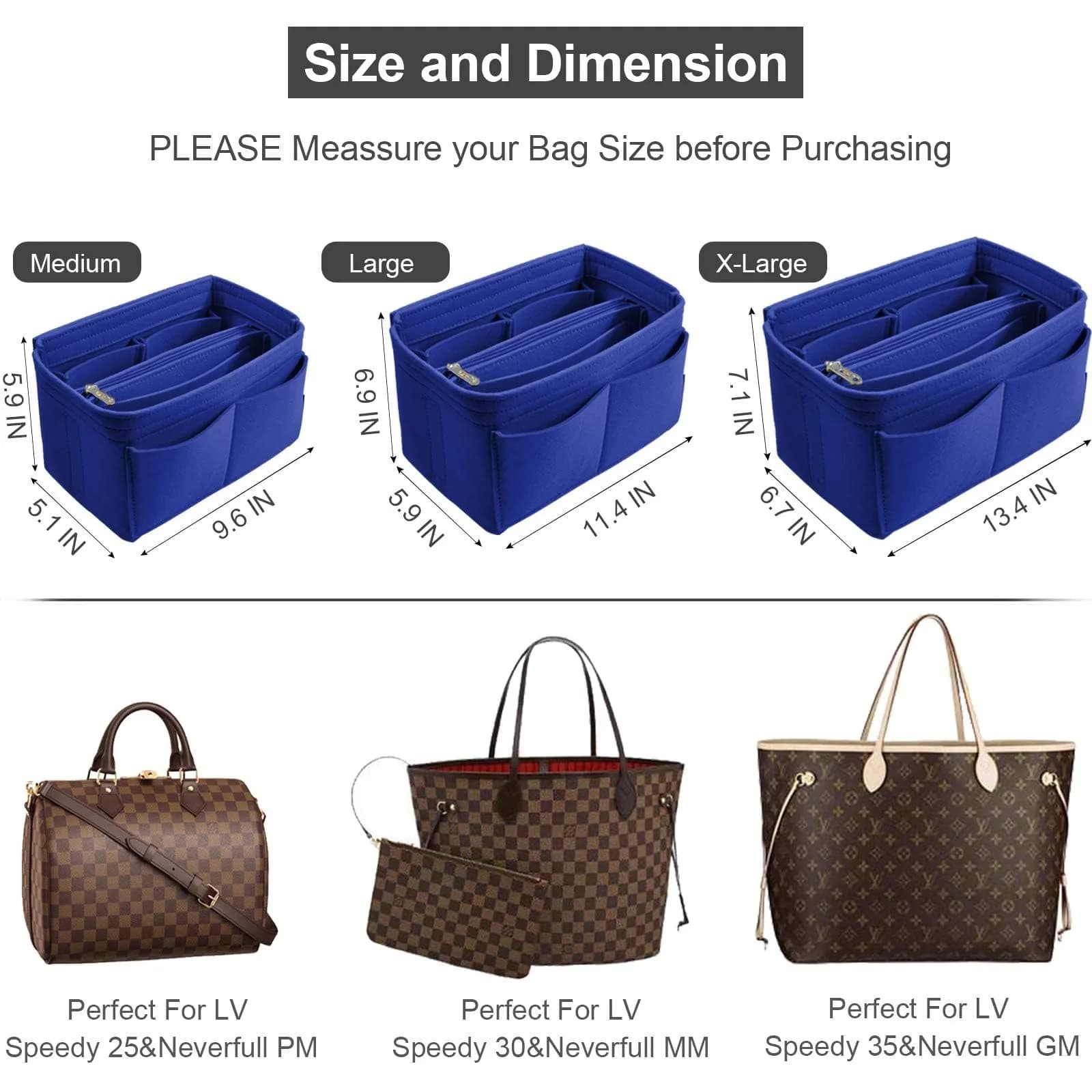 OMYSTYLE Dark Blue Large Felt Tote Bag Organizer Insert with 13 Pockets | 30cm x 16cm x 16cm - view 2