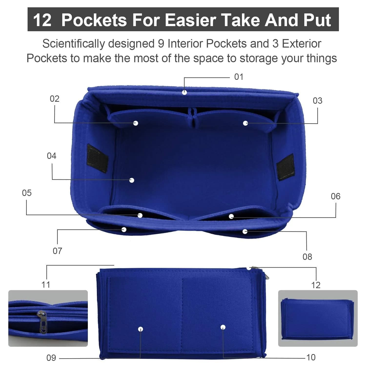 OMYSTYLE Dark Blue Large Felt Tote Bag Organizer Insert with 13 Pockets | 30cm x 16cm x 16cm - view 3