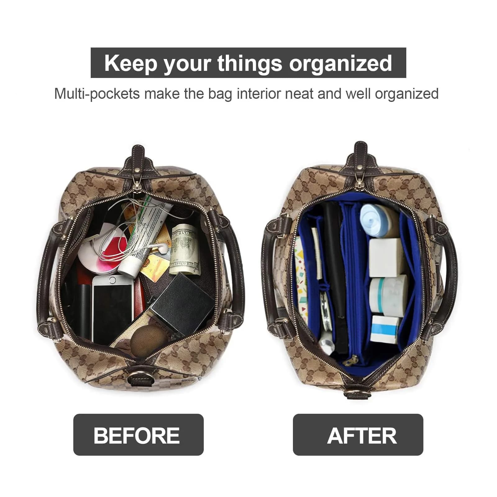OMYSTYLE Dark Blue Large Felt Tote Bag Organizer Insert with 13 Pockets | 30cm x 16cm x 16cm - view 4