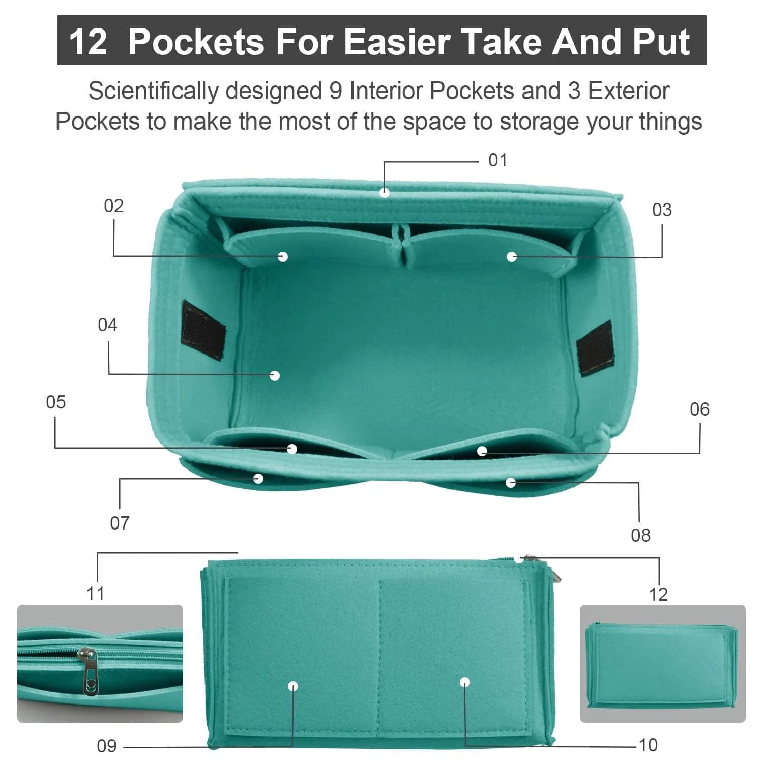 OMYSTYLE Cyan X-Large Felt Tote Bag Organizer Insert with 13 Pockets | 30cm x 15cm x 15cm - view 2