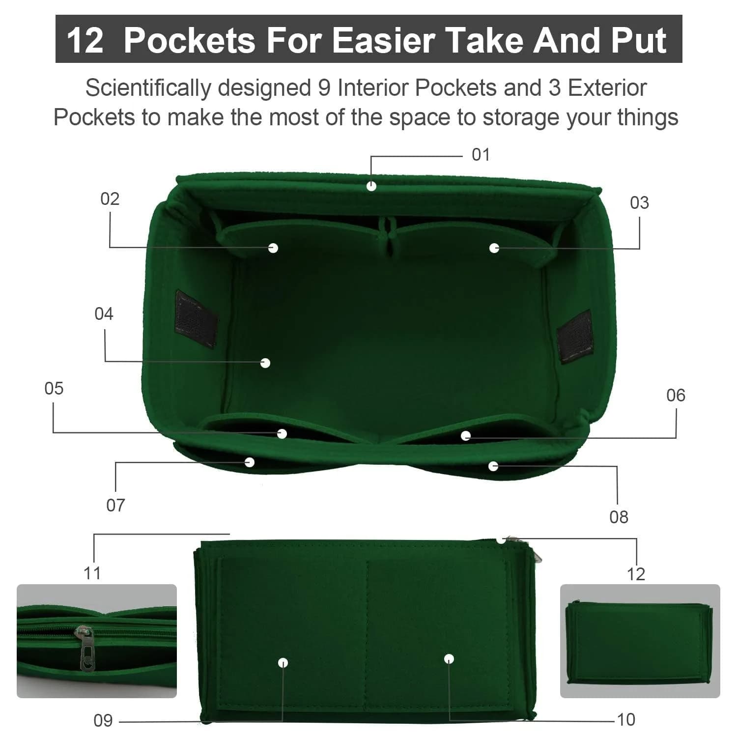 OMYSTYLE Large Green Felt Tote Bag Organizer Insert with 13 Pockets | 30cm x 15cm x 16cm - view 3