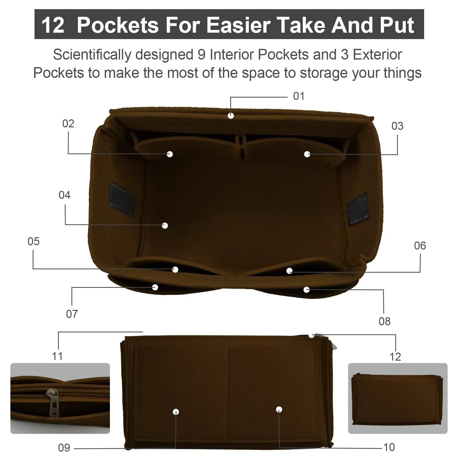 OMYSTYLE Dark Brown X-Large Felt Organizer Insert | 13 Pockets, 200g - view 3