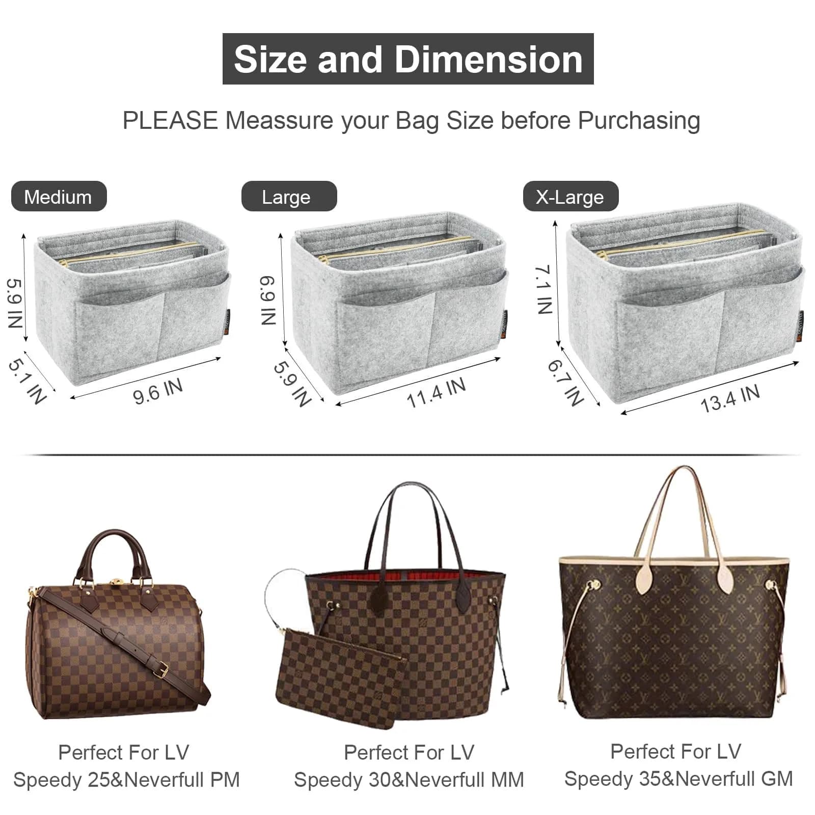 OMYSTYLE Light Grey X-Large Felt Tote Bag Organizer Insert with 13 Pockets | 30cm x 15cm x 16cm - view 2