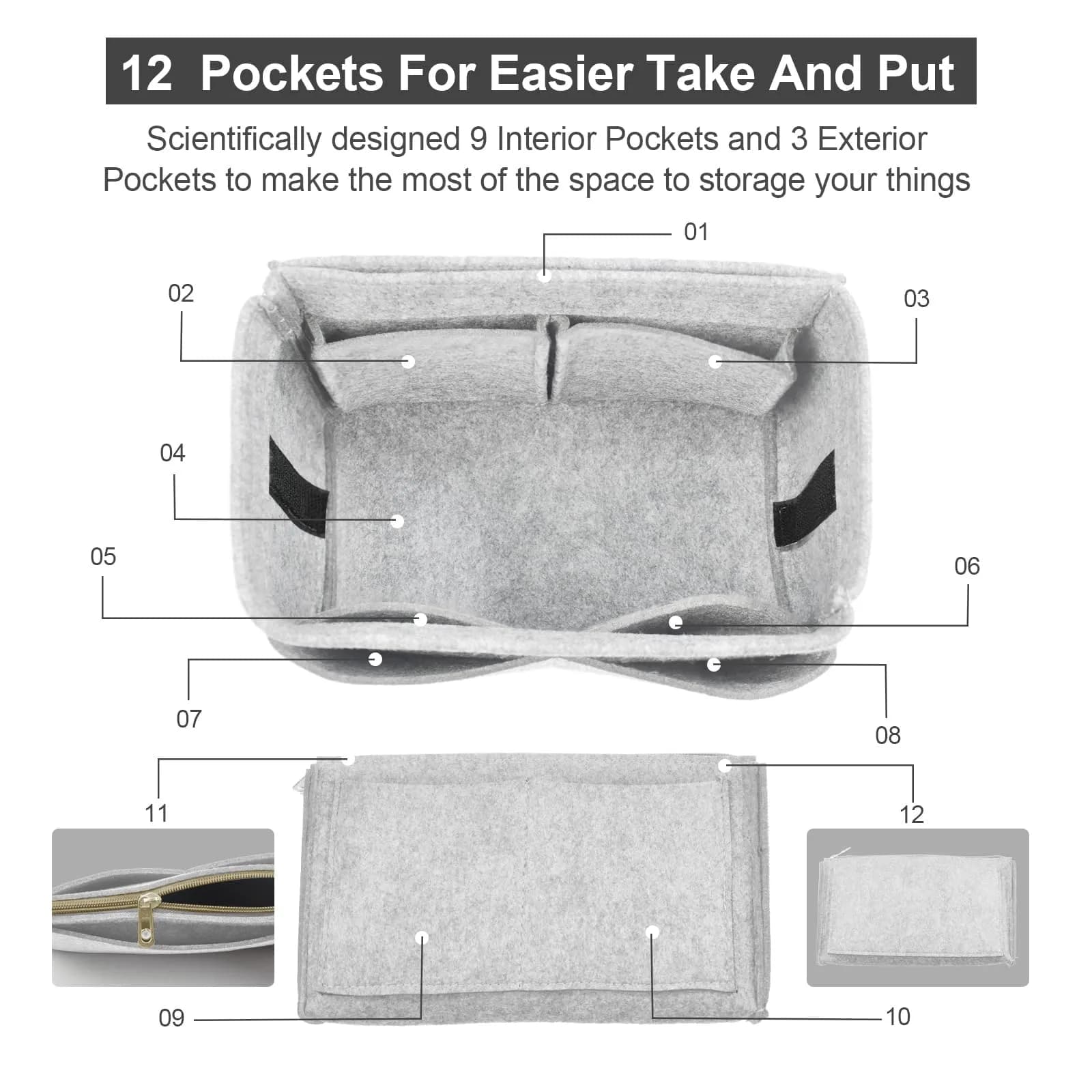OMYSTYLE Light Grey X-Large Felt Tote Bag Organizer Insert with 13 Pockets | 30cm x 15cm x 16cm - view 3