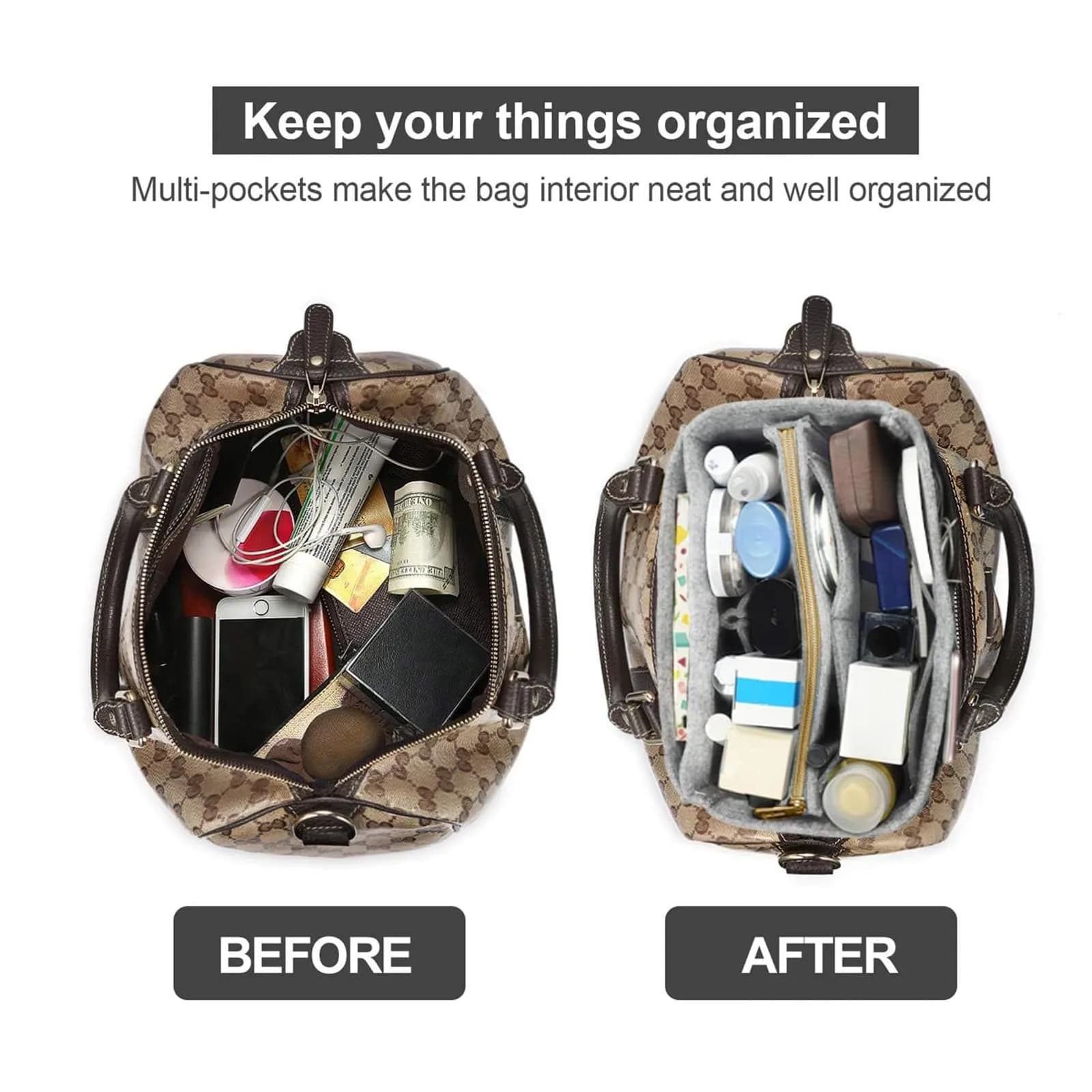 OMYSTYLE Light Grey X-Large Felt Tote Bag Organizer Insert with 13 Pockets | 30cm x 15cm x 16cm - view 4