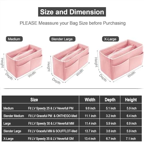 OMYSTYLE Pink Large Felt Tote Bag Organizer Insert with 13 Pockets | 32cm x 16cm x 16cm - view 2