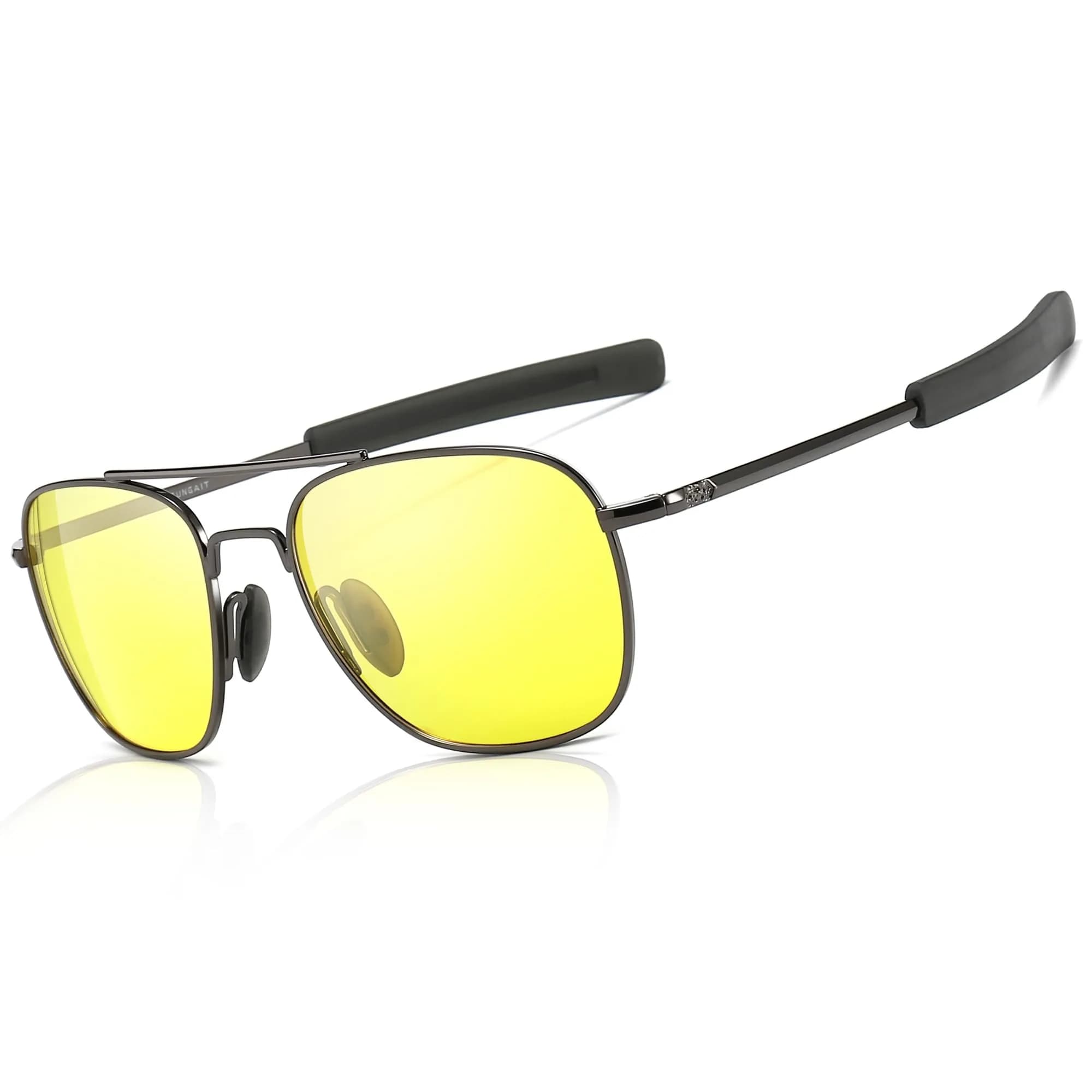 SUNGAIT Men's Military Style Polarized Pilot Aviator Sunglasses with Bayonet Temples | Night Driving & Low Light Vision — Gunmetal/Yellow