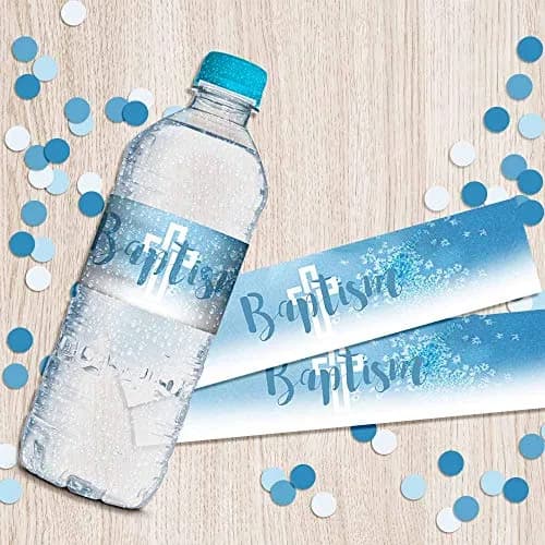 Amanda Creation Blue Watercolor Baptism Water Bottle Labels 20 Count | Waterproof Vinyl Wraps for Boys thumbnail 6