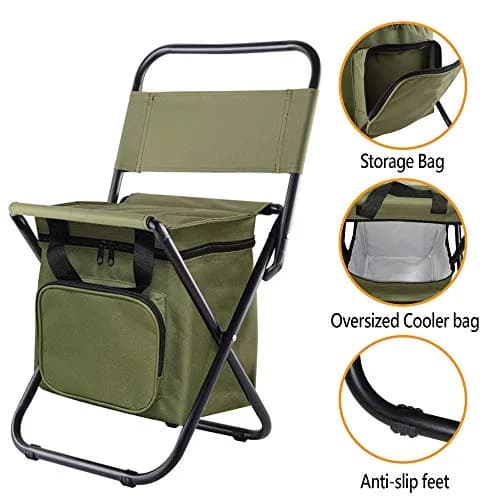 KINGMODERN Portable Camping Chair with Cooler Bag & Backrest - Army Green | Lightweight Backpack Stool, 200kg Capacity thumbnail 3