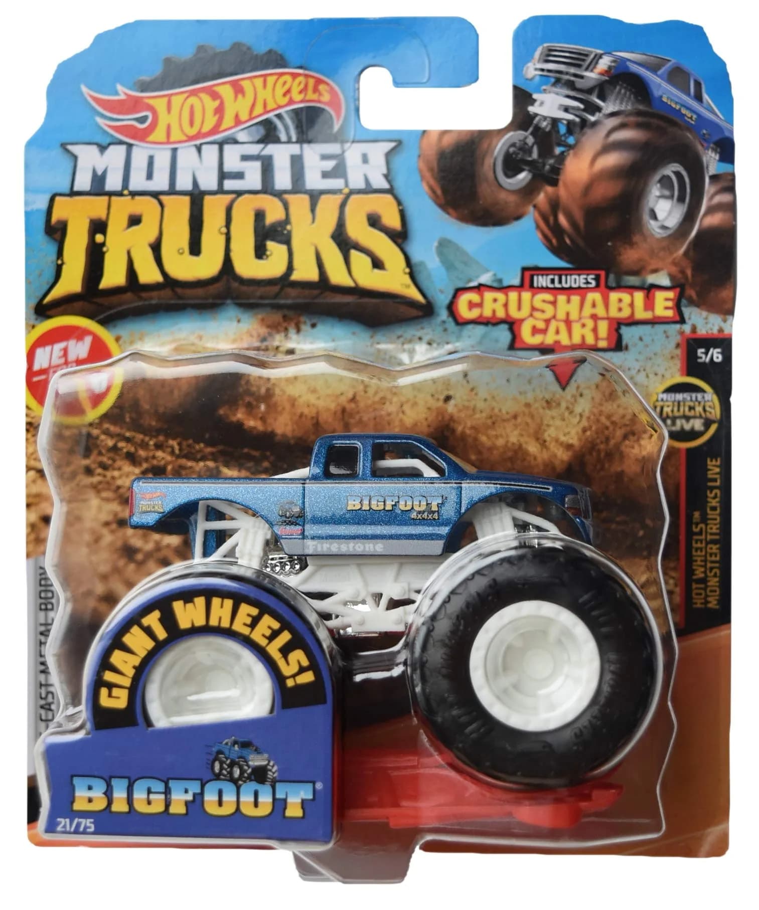 Hot Wheels Monster Trucks 1:64 Scale Bigfoot 21/75 | Crushable Metal Die-Cast for Kids 3+ — Blue
