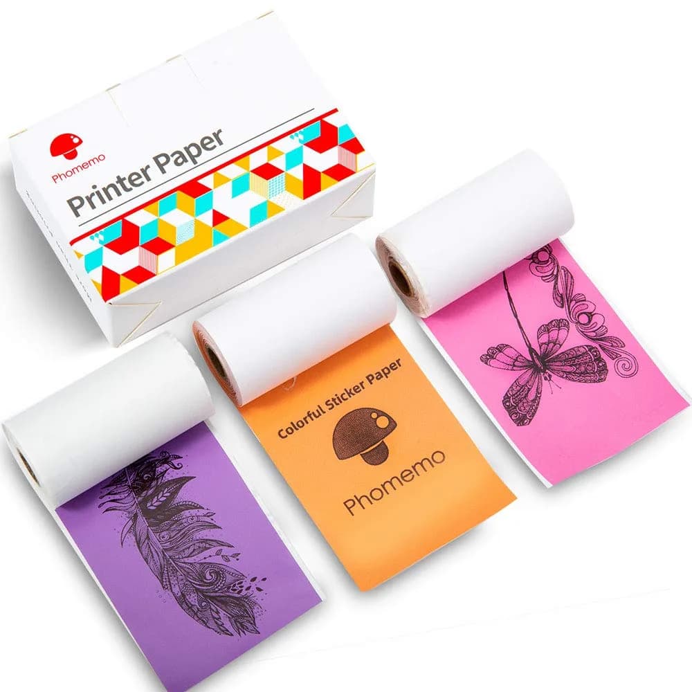 Phomemo M02/M02S/M02 Pro Paper 3 Rolls | Bright White Thermal Photo Paper for Portable Bluetooth Printer — Multicolor (Purpple/Rose/Orange)