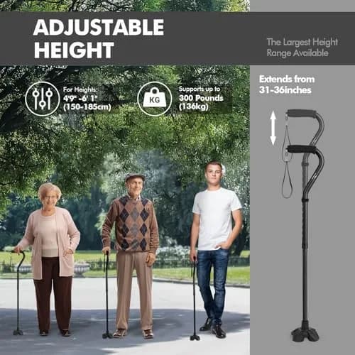 KINGGEAR Self Standing Quad Cane with Offset Handle & 4.3" Base | 31"-36" Adjustable Height, 1.1 lbs Lightweight Aluminum, 300 lbs Capacity thumbnail 6