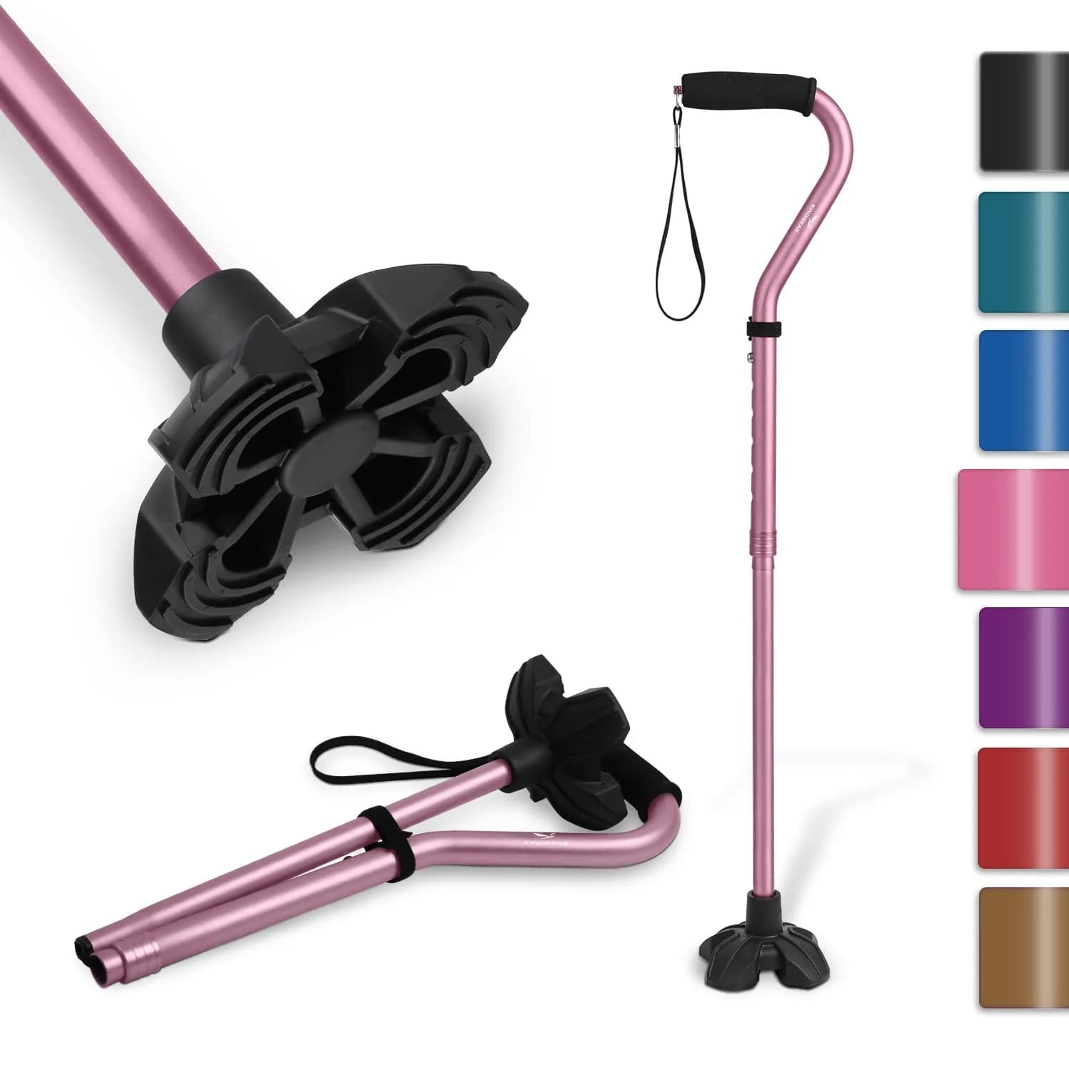 KINGGEAR Self Standing Quad Cane Pink 71cm-91cm (28"-36") | Lightweight Aluminum Folding Mobility Aid with 4-Point Base - main product image