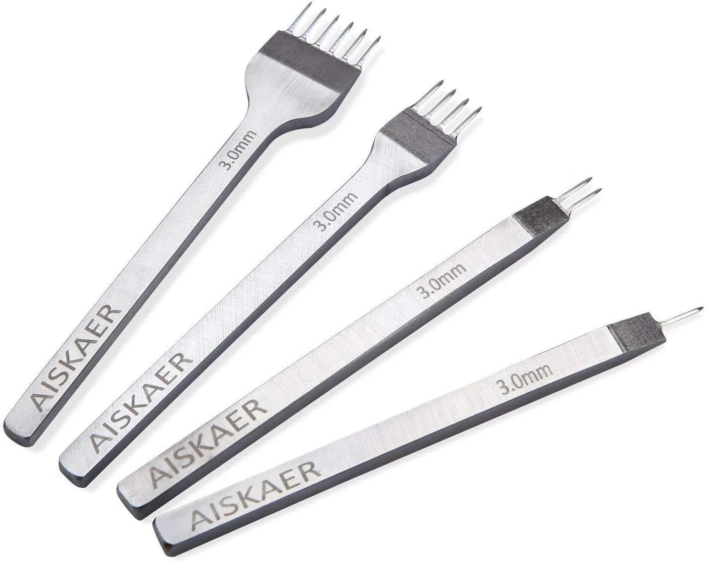 Aiskaer Leather Stitching Punch Set 3mm White Steel | 4-Piece Diamond Chisel Tool Set for Leather Craft DIY