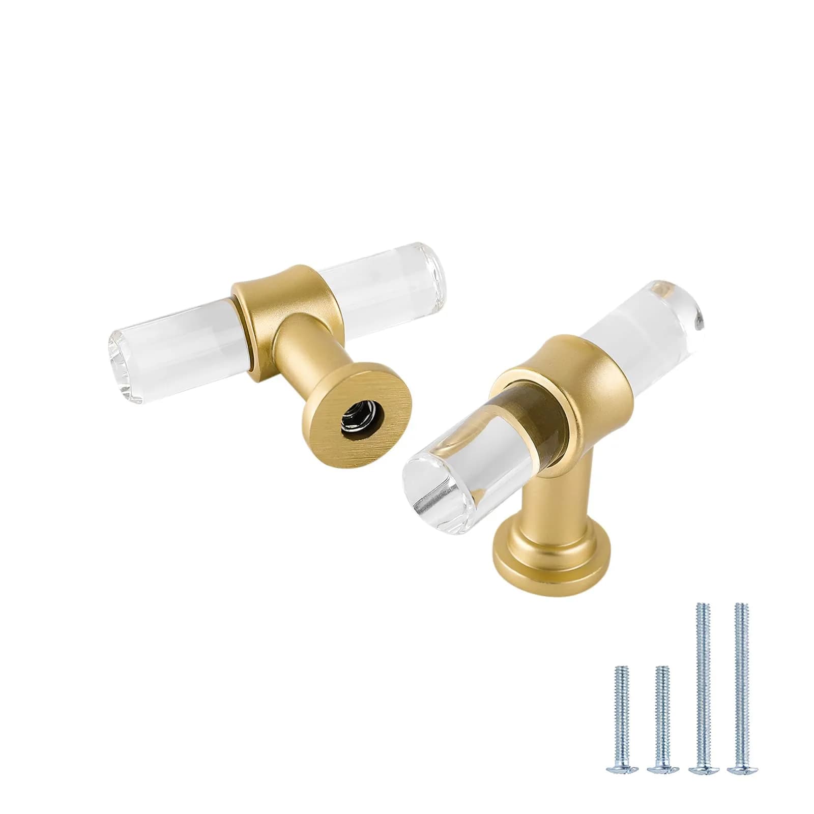LONTAN 12 Pack Acrylic Kitchen Cabinet Knobs Gold Drawer Knobs Modern T Bar Clear Cabinet Door Handles White Kitchen Hardware for Dresser Bathroom, Zinc Alloy Base