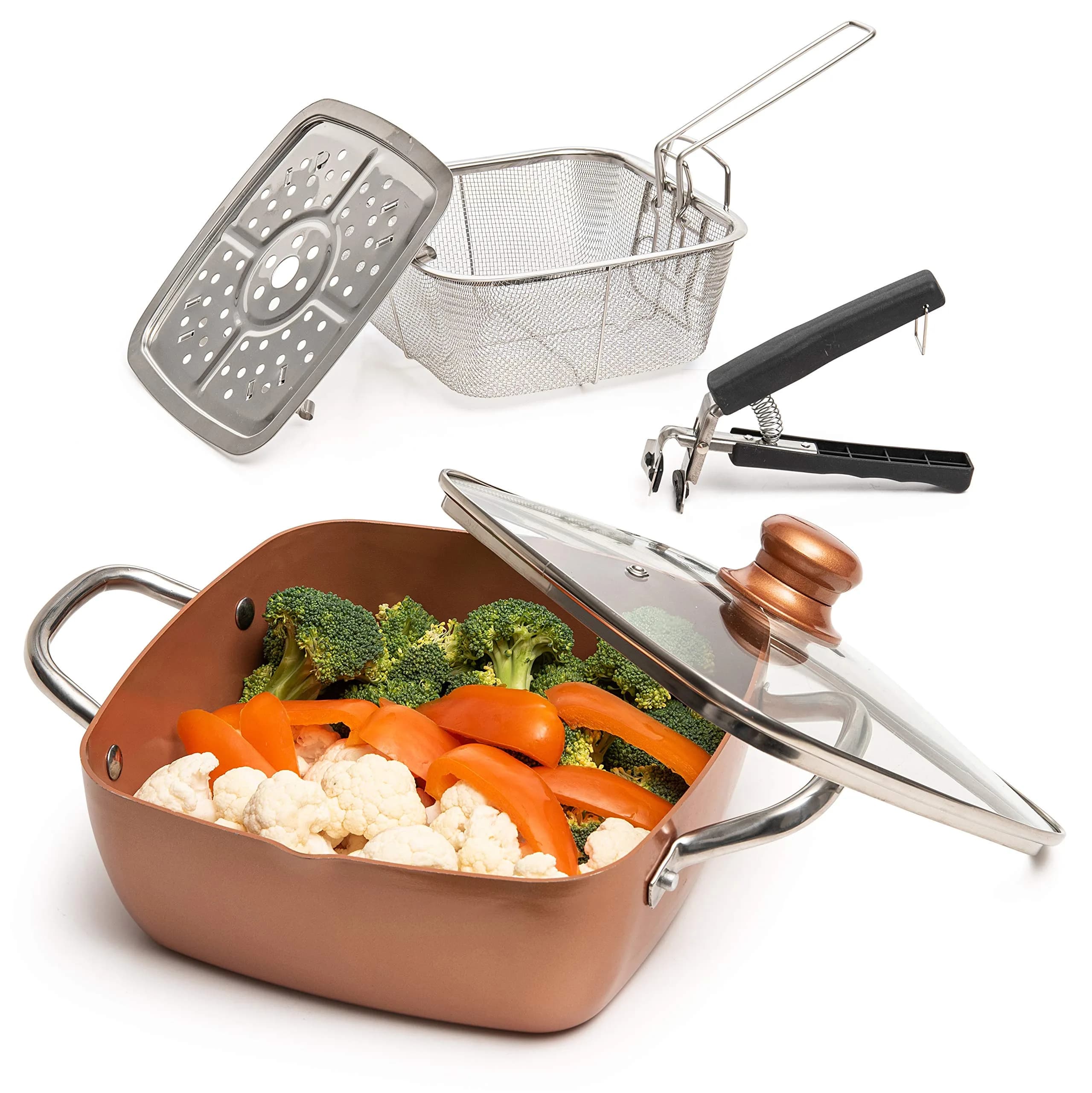 Moss & Stone 5 Qt Copper Deep Fry Pan Set with Fry Basket & Glass Lid, 2.18 kg (4.8 lb) | Induction Compatible, Oven Safe, Dishwasher Safe — Copper Cookware