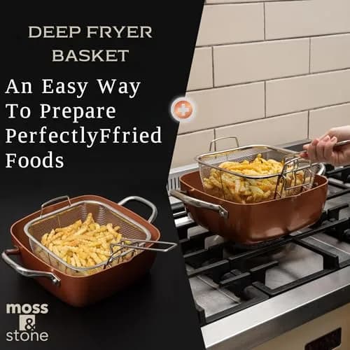 Moss & Stone 5 Qt Copper Deep Fry Pan Set with Fry Basket & Glass Lid, 2.18 kg (4.8 lb) | Induction Compatible, Oven Safe, Dishwasher Safe thumbnail 6