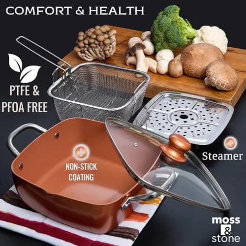 Moss & Stone 5 Qt Copper Deep Fry Pan Set with Fry Basket & Glass Lid, 2.18 kg (4.8 lb) | Induction Compatible, Oven Safe, Dishwasher Safe thumbnail 7