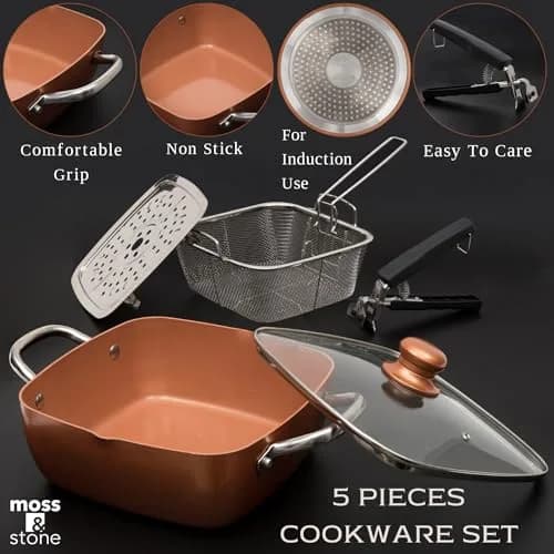 Moss & Stone 5 Qt Copper Deep Fry Pan Set with Fry Basket & Glass Lid, 2.18 kg (4.8 lb) | Induction Compatible, Oven Safe, Dishwasher Safe thumbnail 2