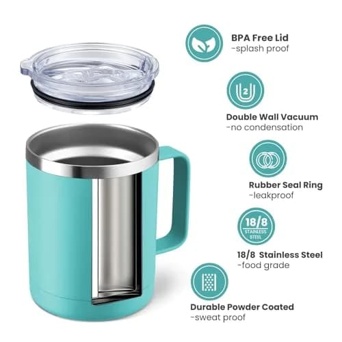 MEWAY 12oz Coffee Mug With Handle | Double Wall Vacuum Insulated Travel Tumbler (Light Green, Set of 2) thumbnail 2