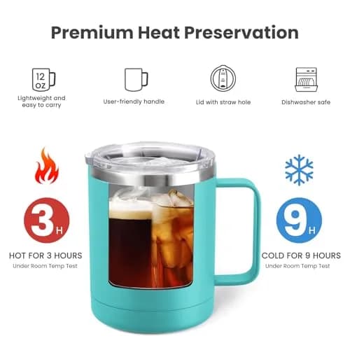 MEWAY 12oz Coffee Mug With Handle | Double Wall Vacuum Insulated Travel Tumbler (Light Green, Set of 2) thumbnail 3