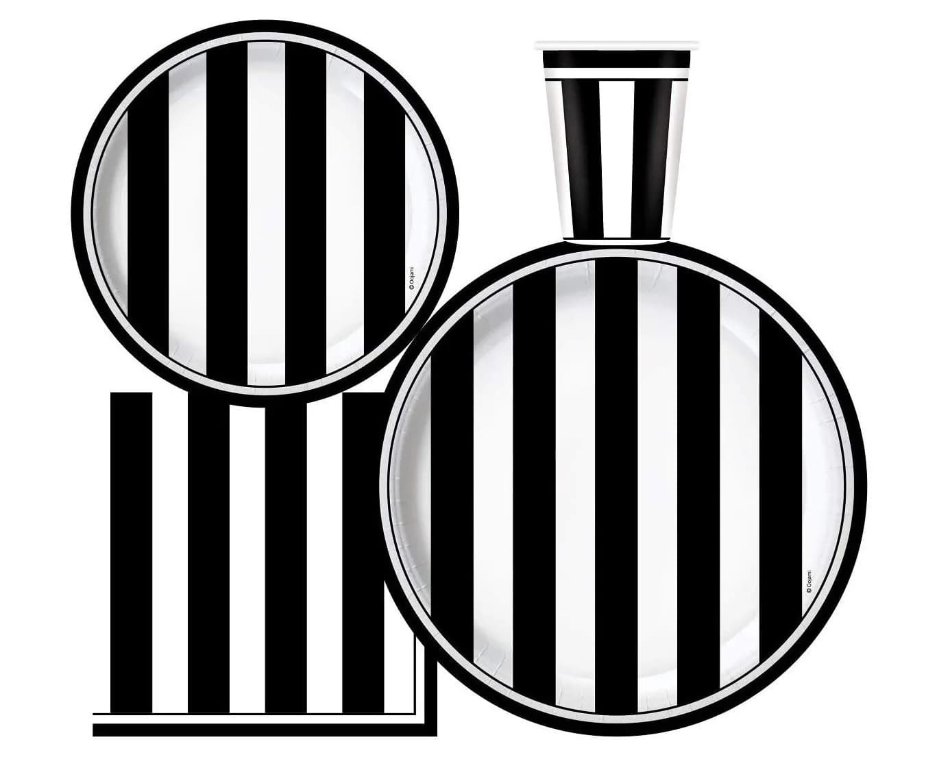 Oojami Black and White Striped Party Supplies for 30 – Disposable Plates, Cups, Napkins Set for Birthday, Wedding, Graduation, Events – 9" Dinner Plates, 7" Dessert Plates, 9 oz Cups, 3-Ply Napkins — Black/White