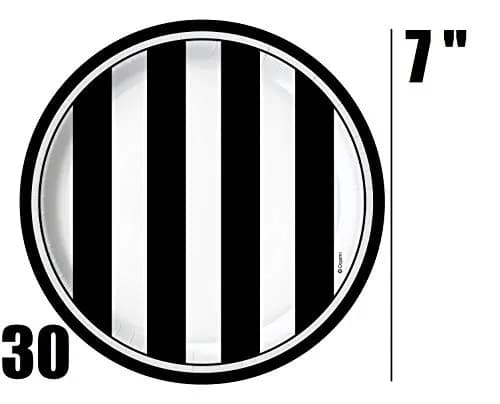 Oojami Black and White Striped Party Supplies for 30 – Disposable Plates, Cups, Napkins Set for Birthday, Wedding, Graduation, Events – 9" Dinner Plates, 7" Dessert Plates, 9 oz Cups, 3-Ply Napkins thumbnail 3