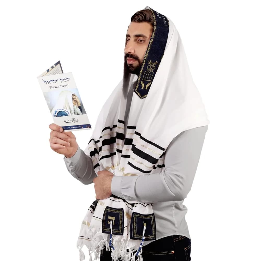 HalleluYAH Prayer Shawl XL 72x36 Inches | Hebrew Blessings & Traditional Symbols — Black