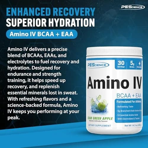 PEScience Amino IV BCAA & EAA Powder, Sour Green Apple, 30 Servings | High Leucine Content for Muscle Synthesis thumbnail 3