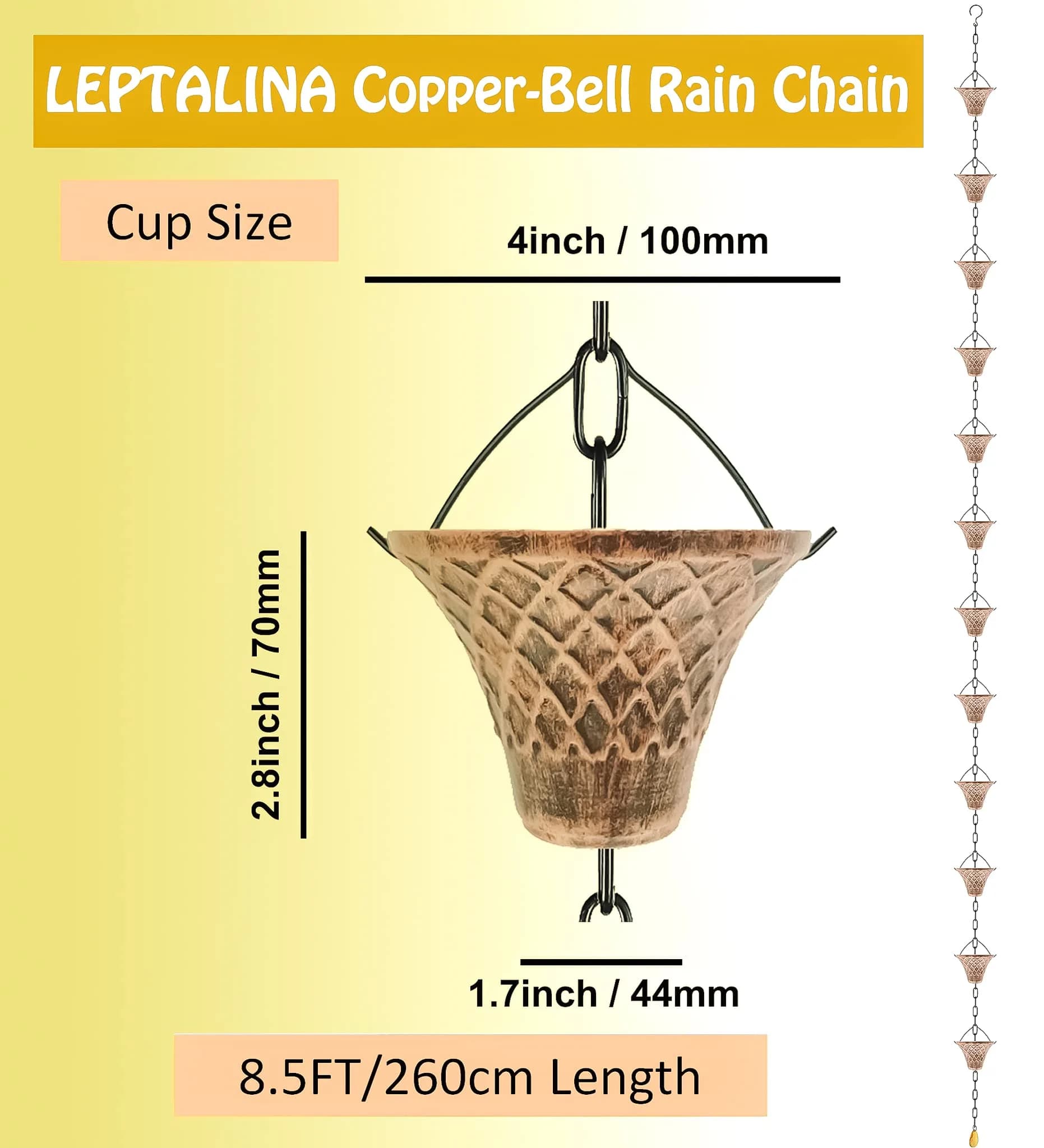 LEPTALINA 8.5FT Bell Iron Rain Chain with Adapter, Copper | Decorative Gutter Water Feature - view 3