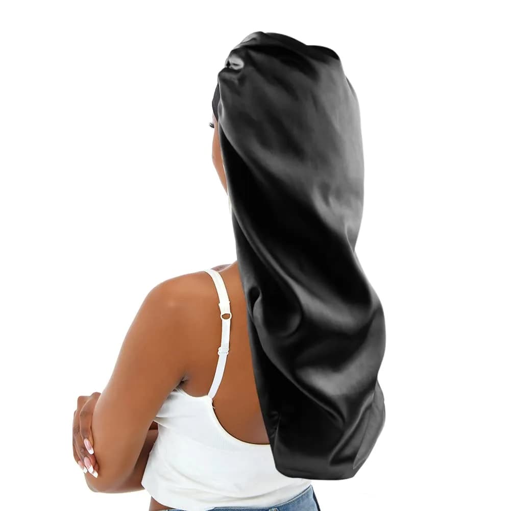 sent hair XL Satin Hair Bonnet for Women, Double-Layer Elastic Night Sleeping Cap with Tie Band for Braids/Curly/Long Hair - Black | Extra Large, Satin, Sleep Cap — Black / One Size-X-Large