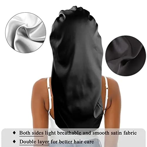 sent hair XL Satin Hair Bonnet for Women, Double-Layer Elastic Night Sleeping Cap with Tie Band for Braids/Curly/Long Hair - Black | Extra Large, Satin, Sleep Cap thumbnail 5